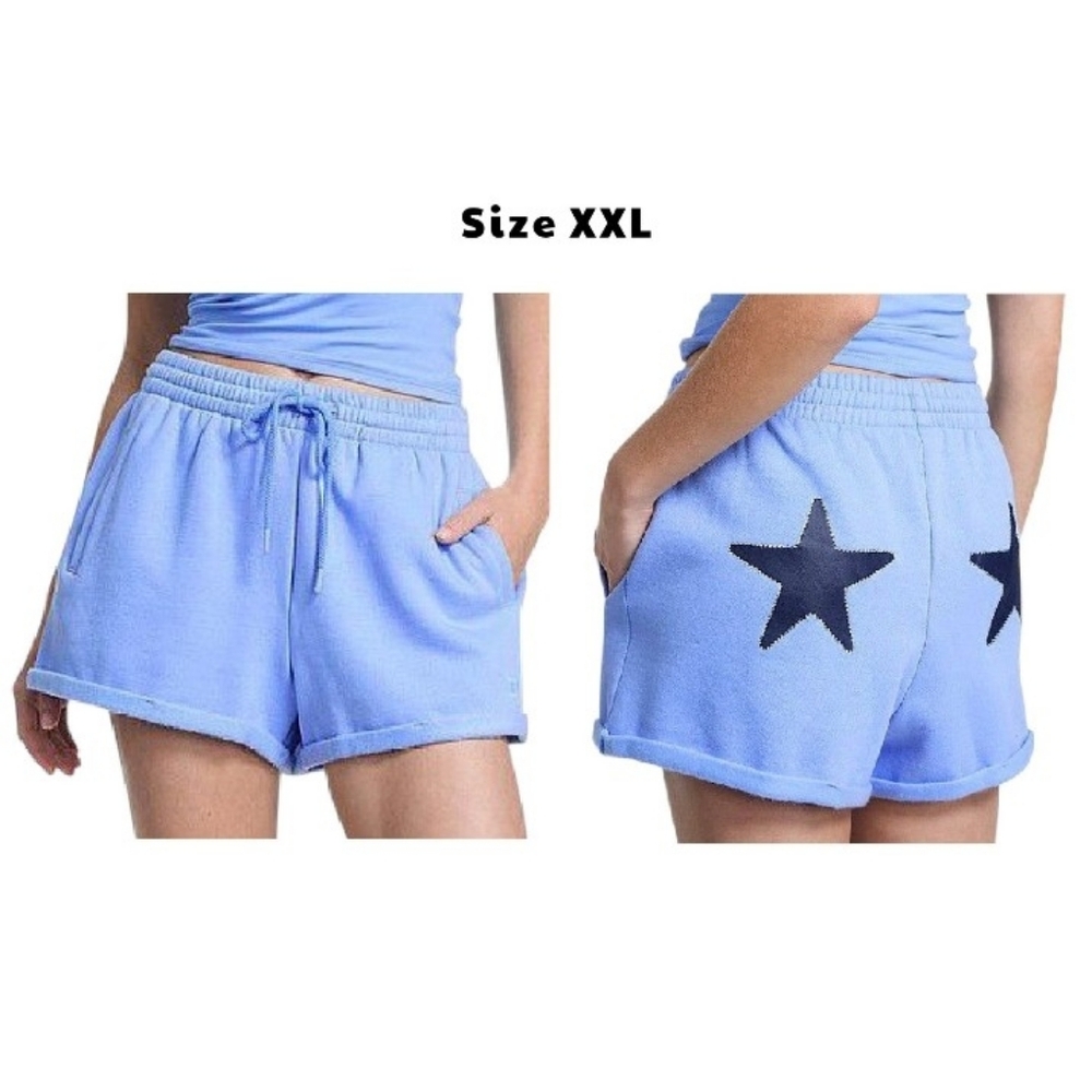 VS PINK Seascape Blue Star Bling Fleece Rolled Hem Shorts With Pockets XXL NEW